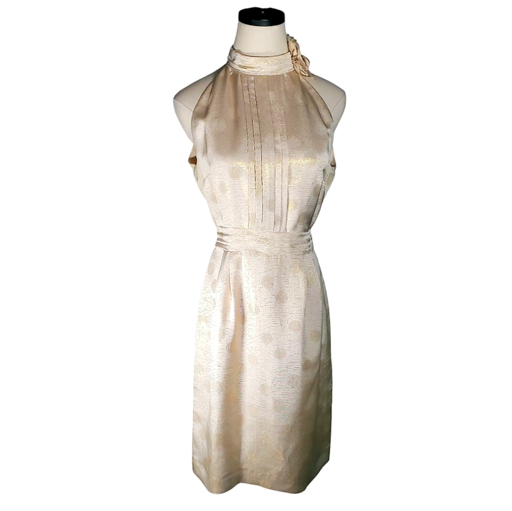 Antonio Melani Silk Dress 8 Halterneck Pleats Pin Tuck Gold Event Bridal Dots